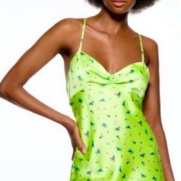 Zara Dresses & Skirts - Zara Neon Lime Floral Satin Slip Dress
